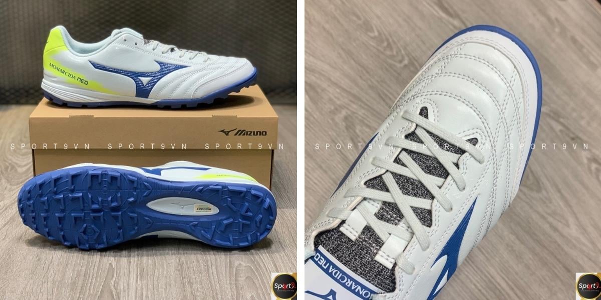 Giày bóng đá Mizuno Monarcida Neo Sala Pro TF Trắng/Xanh/Vàng